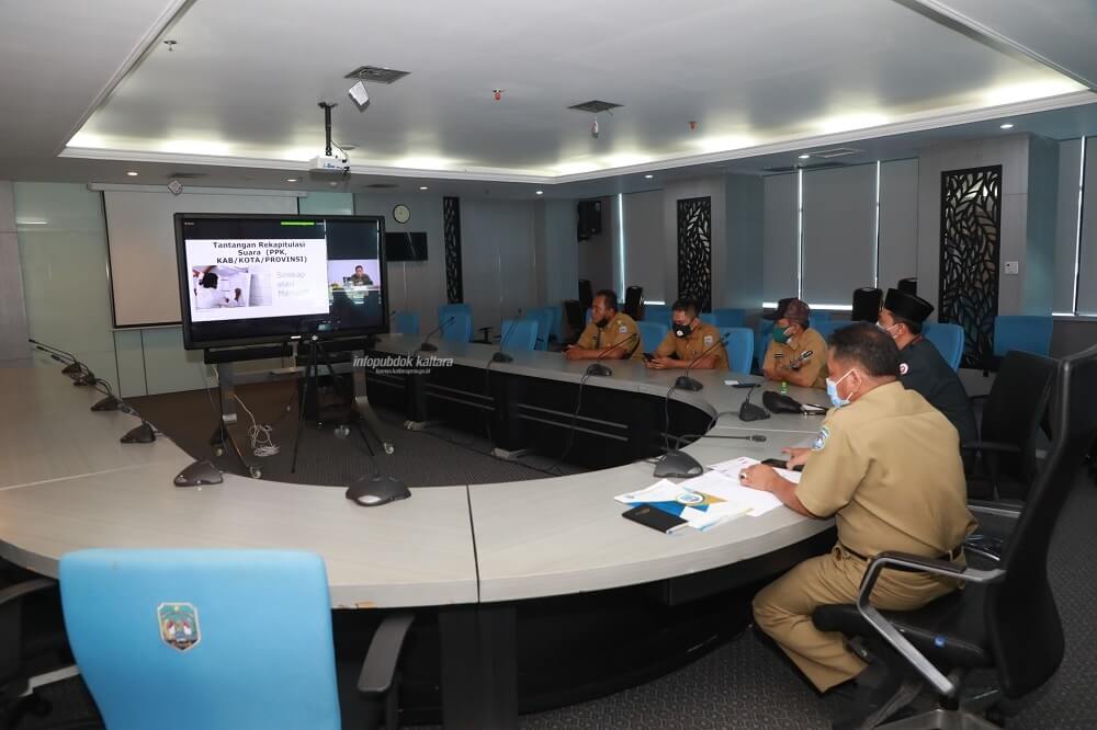 Plt Kepala Badan Kesbangpol Kaltara, Edi Suharto saat mengikuti Refleksi dan Proyeksi Pelaksanaan Pilkada Serentak Tahun 2020 secara virtual di ruang rapat lantai 1 Kantor Gubernur Kaltara, Senin (14/12)